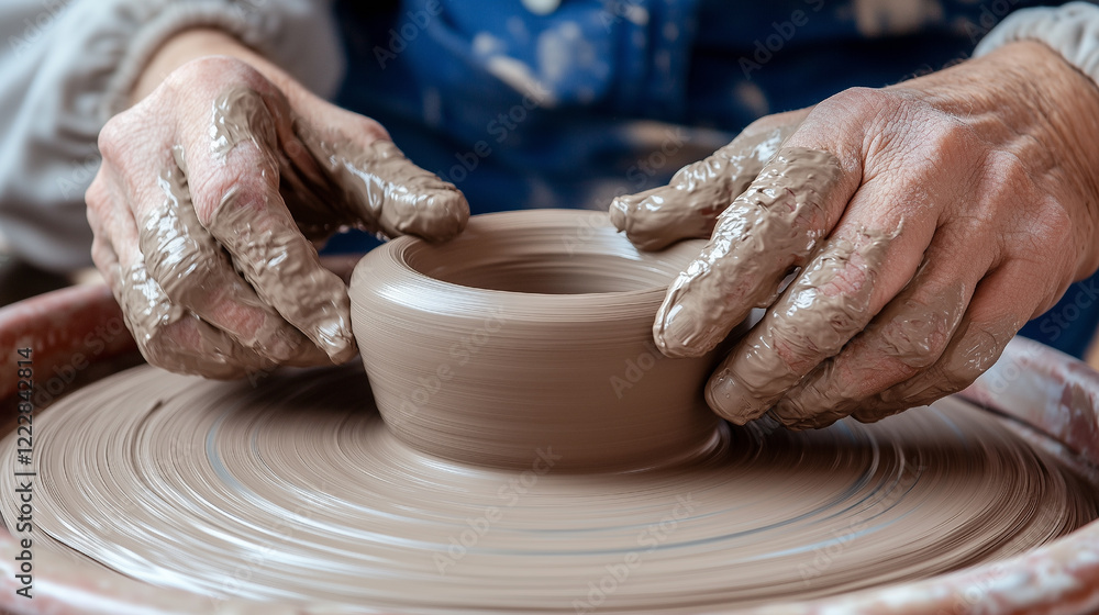 Close-up of a potter’s hands shaping wet clay on a pottery wheel. Close-up of a potter’s hands shaping wet clay on a pottery wheel.