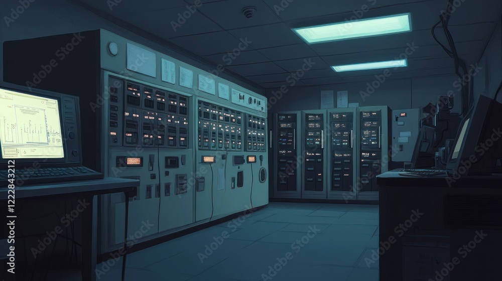 Nighttime View of a Control Room with Server Racks and Computer
