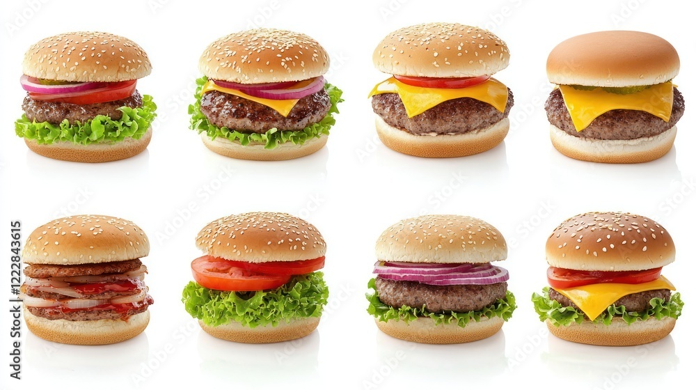 A variety of burgers displayed on a white background. A variety of burgers displayed on a white background.