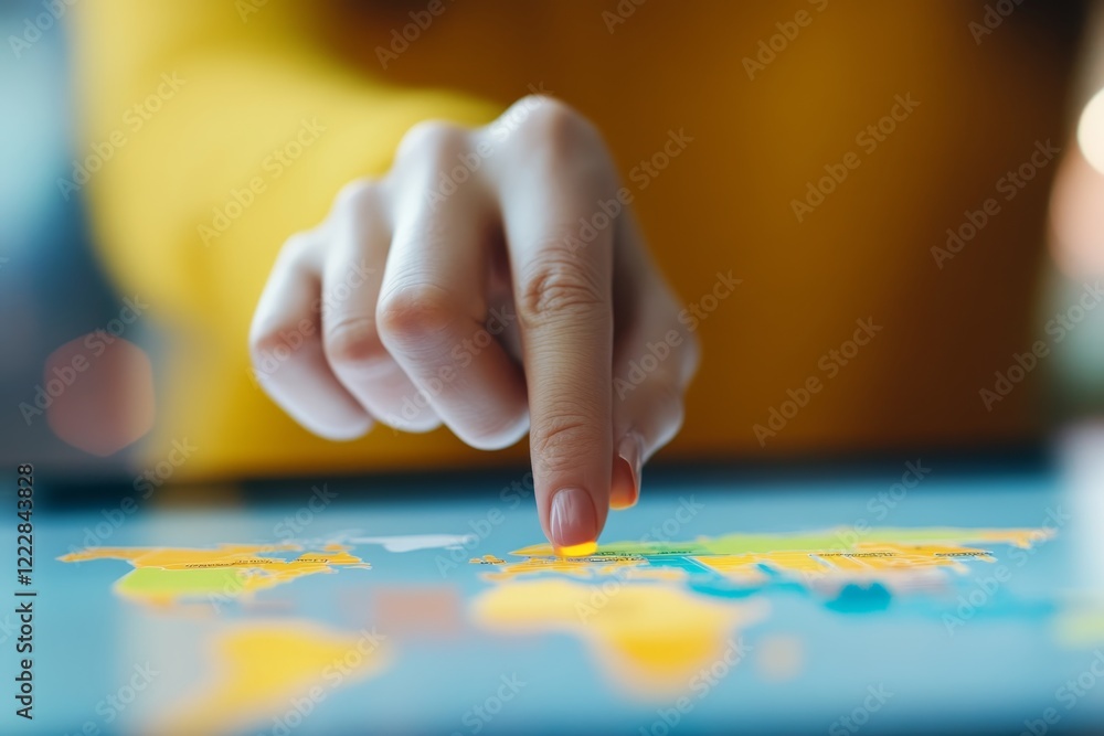 Fototapeta premium Interactive exploration of a world map with a finger pointing to a location