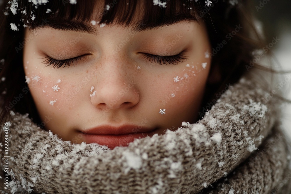 Winter wonderland captured in serene beauty of a young woman amidst gentle snowfall Winter wonderland captured in serene beauty of a young woman amidst gentle snowfall
