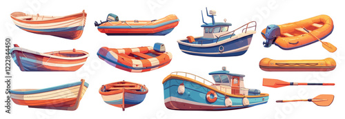 boats cartoon set. boat, motorboat motor inflatable rubber wooden paddle fishing transport watercraft vector illustration