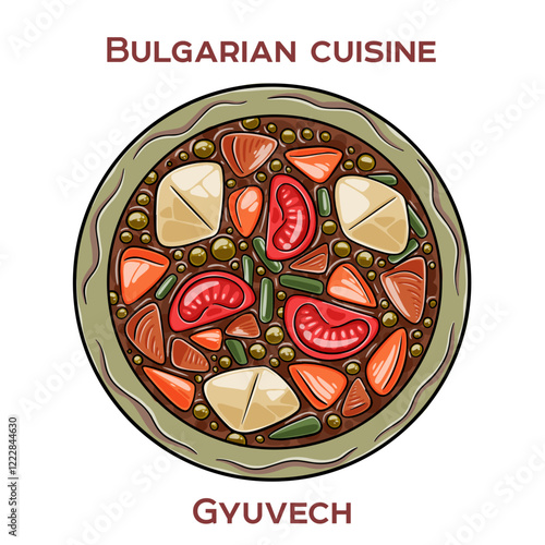Gyuvech is a traditional Bulgarian dish featuring a hearty stew of meat, vegetables, and spices, typically baked and served in an earthenware pot.