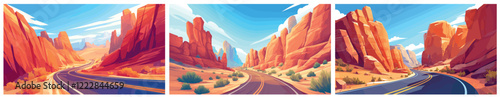 car road through canyon. arizona landscape, highway america desert hot rocks mountains gorge nature reserve attractions travel tourism vector illustration