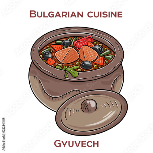 Gyuvech is a traditional Bulgarian dish featuring a hearty stew of meat, vegetables, and spices, typically baked and served in an earthenware pot.