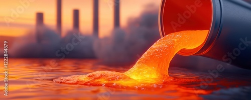 A factory in 3D pouring glowing lava-like waste into nearby waters, creating toxic fumes and lifeless surroundings photo