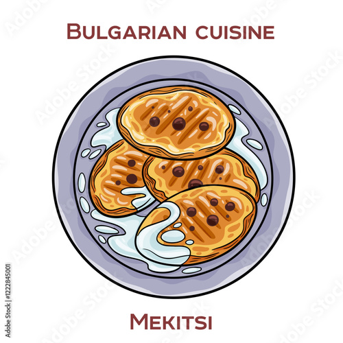 Mekitsi are traditional Bulgarian breakfast pastries, similar to fried dough pieces, often served with jam, cheese, or yogurt.