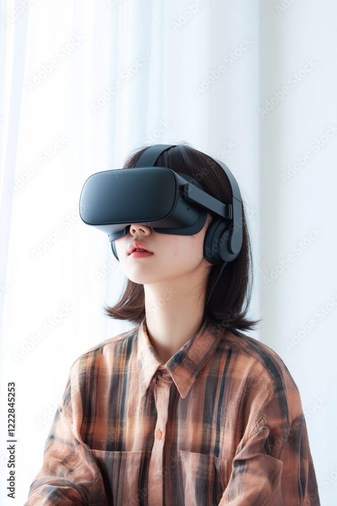 A woman wearing a VR headset and headphones. She is wearing a plaid shirt. Concept of excitement and anticipation as the woman prepares to enter a virtual world A woman wearing a VR headset and headphones. She is wearing a plaid shirt. Concept of excitement and anticipation as the woman prepares to enter a virtual world