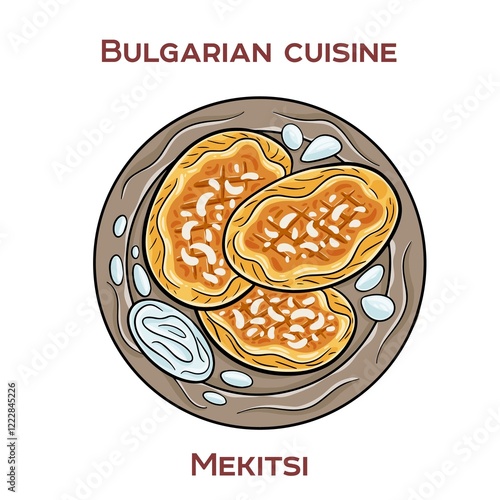Mekitsi are traditional Bulgarian breakfast pastries, similar to fried dough pieces, often served with jam, cheese, or yogurt.