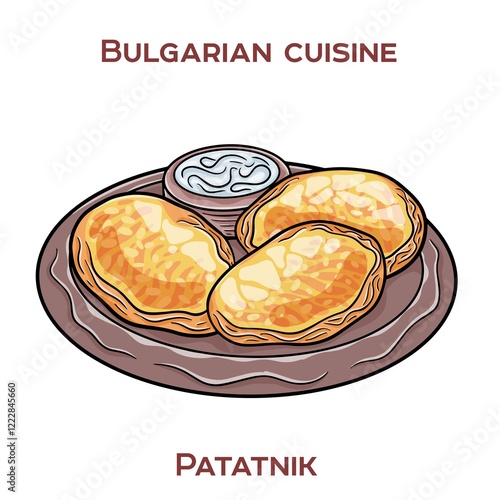 Patatnik is a traditional Bulgarian dish made from grated potatoes, onions, cheese, and spices, baked until golden and crispy.