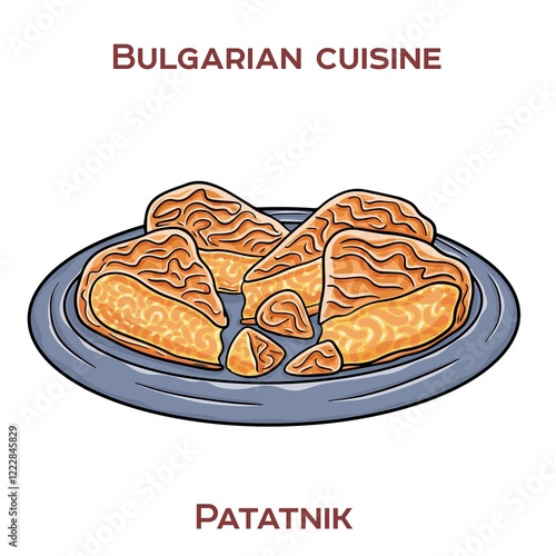 Patatnik is a traditional Bulgarian dish made from grated potatoes, onions, cheese, and spices, baked until golden and crispy. photo