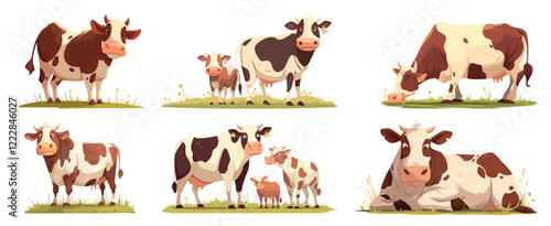 cows cartoon set. spotted cow on grass, brown cattle bull calf agriculture farm domestic animal vector illustration