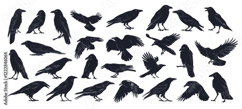 crows silhouette monochrome set. black raven, bird dark gothic symbol tattoo nature flight vector illustration