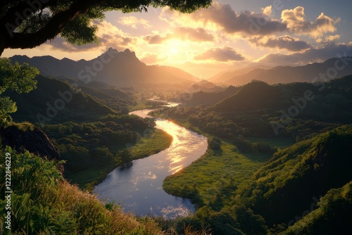 Wallpaper Mural Lush Valley Serenity, expansive green landscape, winding river glistening under warm golden hour light, elevated perspective enhances depth and beauty Torontodigital.ca