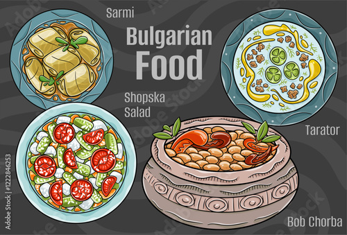 A hand-drawn vector illustration featuring a collection of famous Bulgarian dishes.