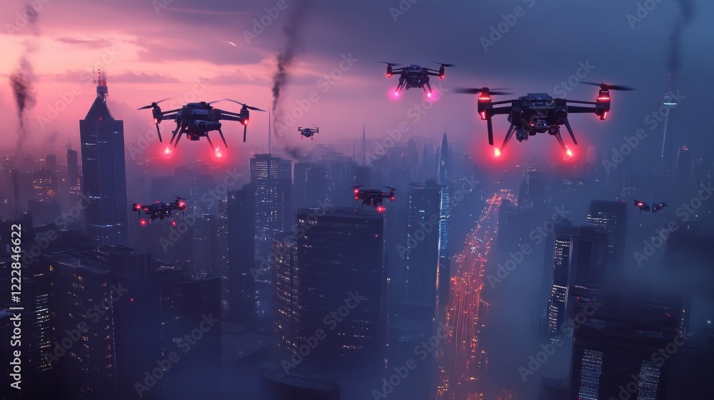 Fototapeta premium Drones Flying Over Futuristic Cityscape at Dusk