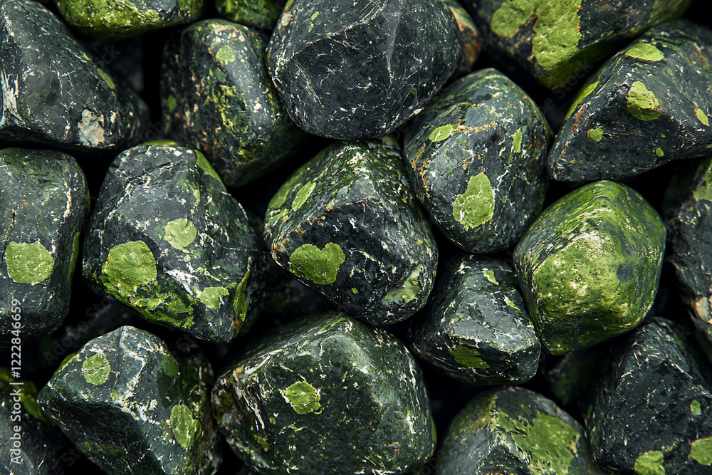Close-up view of polished green stones with unique patterns, showcasing natural textures and colors Close-up view of polished green stones with unique patterns, showcasing natural textures and colors