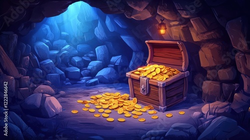 Treasure cave. Fantasy game location, cartoon mine with old gold coins in wooden chest. Ancient magical pirate cache recent vector illustration photo