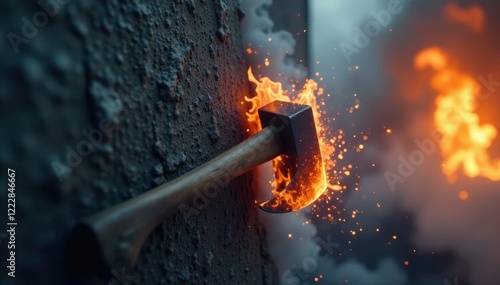 Firefighter's axe breaks through dense, gray smoke wall, breaking, action photo