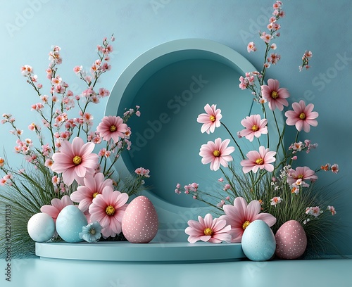 3d Happy Easter banner with painted eggs, flowers and podium. Concept of Easter egg hunt or egg decorating for product presentation. 3d render photo