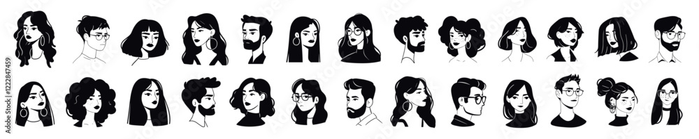 doodle people set. portrait icon woman man monochrome, people portraits group character outline linear sketch drawing ink vector illustration doodle people set. portrait icon woman man monochrome, people portraits group character outline linear sketch drawing ink vector illustration