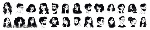 doodle people set. portrait icon woman man monochrome, people portraits group character outline linear sketch drawing ink vector illustration