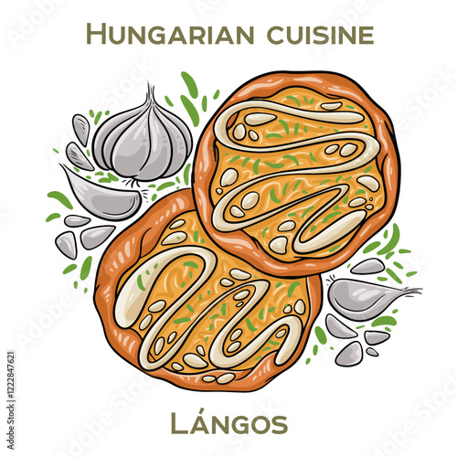 Langos is a traditional Hungarian street food consisting of deep-fried dough topped with sour cream, cheese, and sometimes garlic or bacon.
