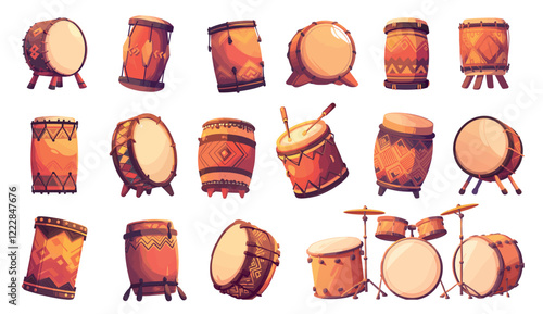 drums set cartoon. drum kit, african red orange traditional musical percussion instrument tribal ethnic culture bass beat sound vector illustration