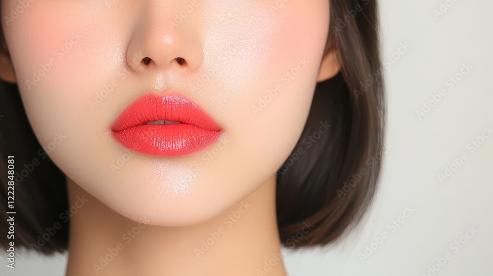 Close-Up Portrait of Glossy Lips with Coral Lipstick and Smooth Skin Close-Up Portrait of Glossy Lips with Coral Lipstick and Smooth Skin