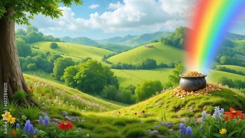 Pot of gold is sitting on a hillside in a lush green field. The pot is surrounded by a rainbow