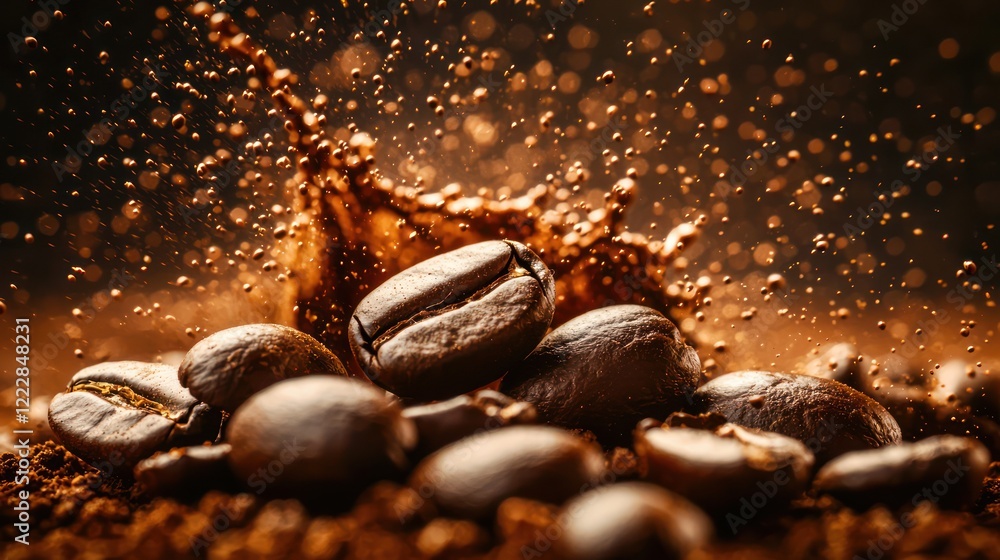 Coffee beans with splashes of liquid, emphasizing richness and aroma. Coffee beans with splashes of liquid, emphasizing richness and aroma.