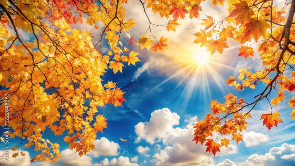 Autumn leaves and branches sway gently in the warm sunlight, creating a beautiful display of color against a bright blue sky with fluffy white clouds , branch, autumn