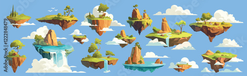flying islands cartoon set. green island in clouds, land platform level flight waterfall trees cloud rock game fantasy vector illustration