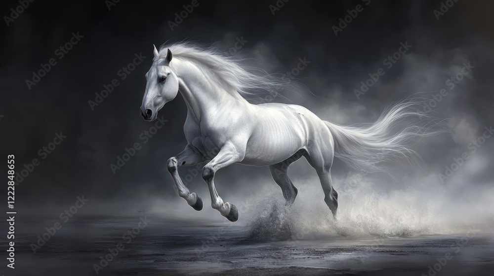Naklejka premium Majestic White Horse Running Through Misty Water