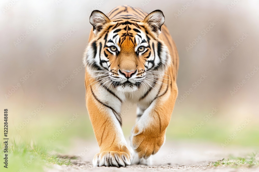 Obraz premium A majestic tiger strides confidently down a path in a blurred natural setting, showcasing its power