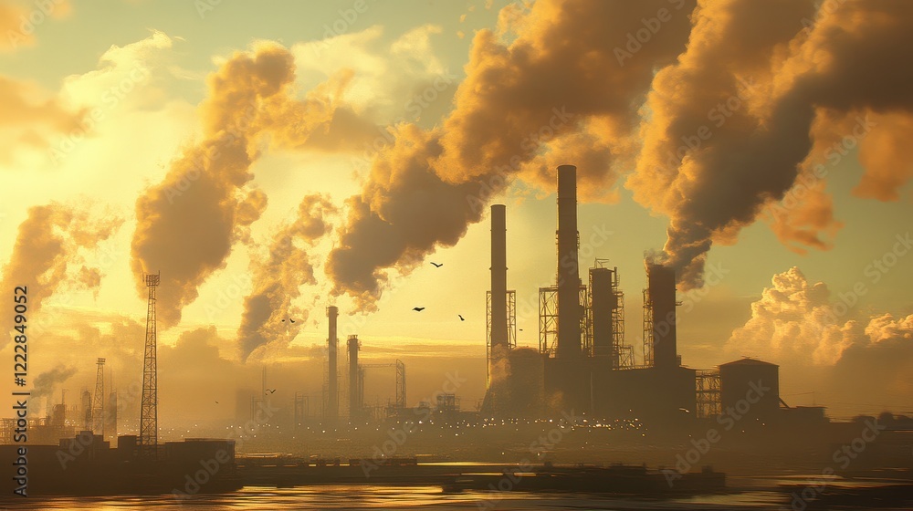 Industrial chimneys releasing smoke, polluted air, 3D illustration. Industrial chimneys releasing smoke, polluted air, 3D illustration.