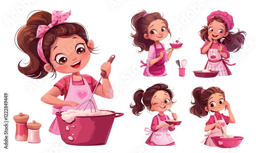 girl cooking cartoon. little brunette lady in pink dress and apron bakes pie, kids hobby learning profession recipe cream whipping tasting dessert bow cap chef vector illustration