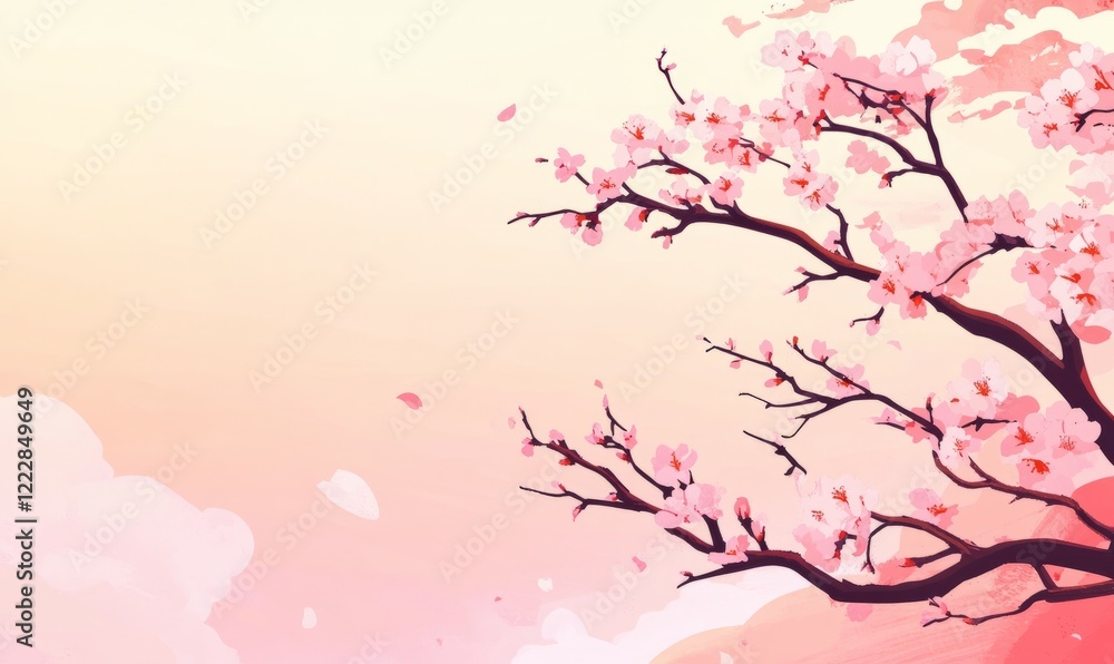 Naklejka premium Horizontal banner with sakura flowers of pink color on sunny backdrop. Beautiful nature spring background with a branch of blooming sakura.
