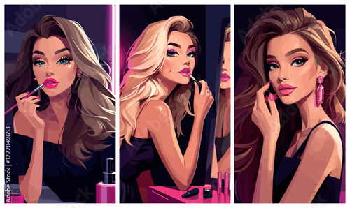 girl paints lips cartoon. lady with lipstick background set, mirror makeup hairstyle styling hollywood beauty glamour beauty actress model luxury vector illustration