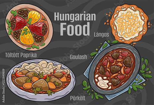 A hand-drawn vector illustration featuring a collection of famous Hungarian dishes.