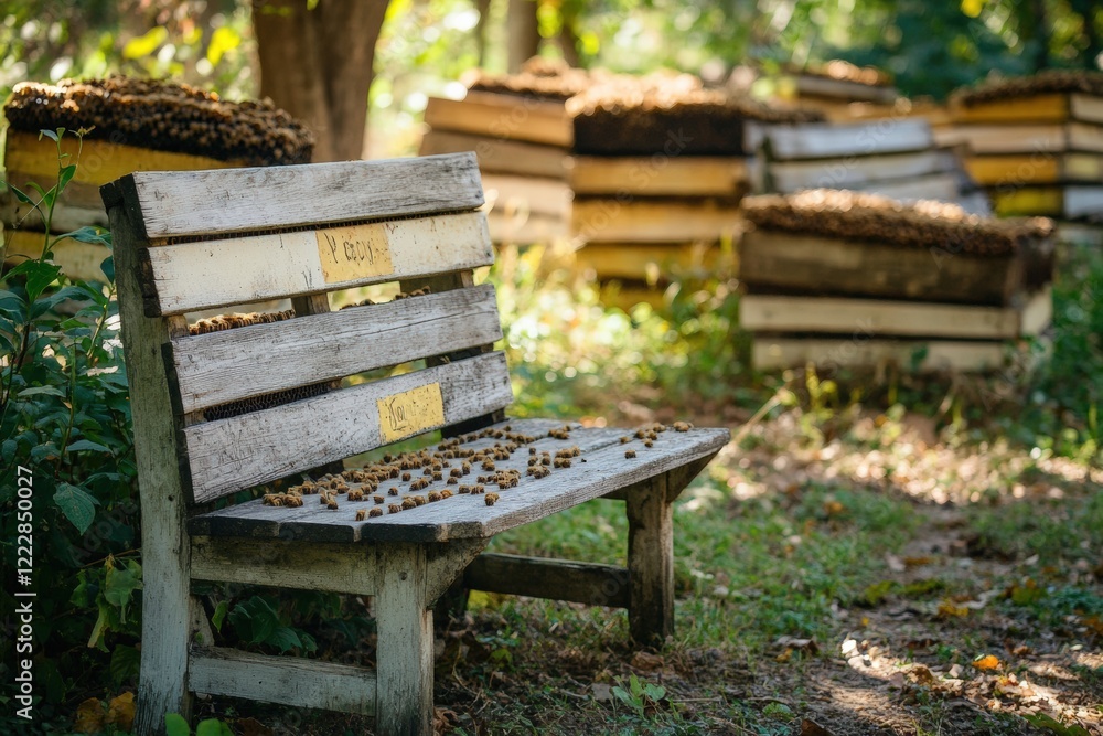 Rustic wooden bench surrounded by buzzing hives in a serene garden inviting moments of peace and reflection. Generative AI Rustic wooden bench surrounded by buzzing hives in a serene garden inviting moments of peace and reflection. Generative AI