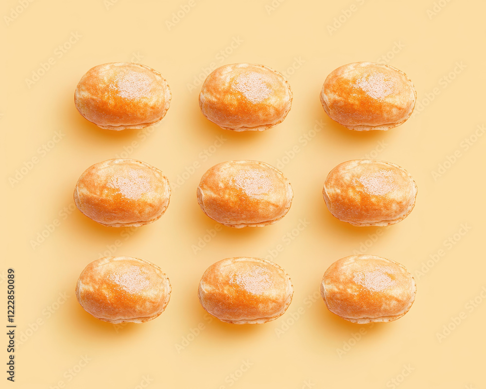 Delicious golden pancakes arranged in neat grid on bright yellow background, creating cheerful and inviting atmosphere Delicious golden pancakes arranged in neat grid on bright yellow background, creating cheerful and inviting atmosphere