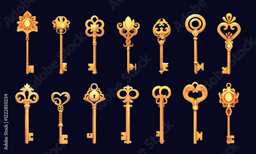 golden keys set cartoon. key, gold old metal vintage fantasy game treasure hoard object vector illustration