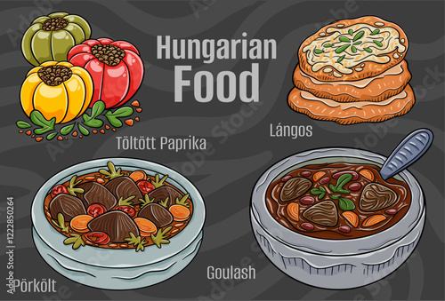 A hand-drawn vector illustration featuring a collection of famous Hungarian dishes.