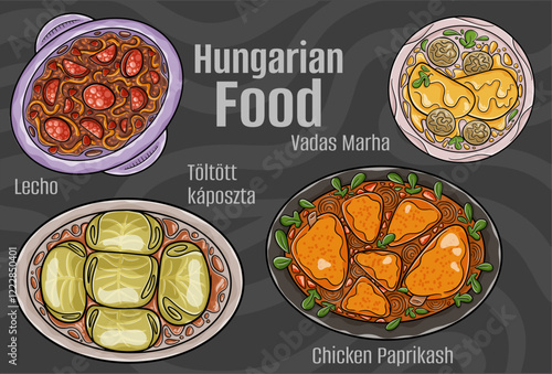 A hand-drawn vector illustration featuring a collection of famous Hungarian dishes.