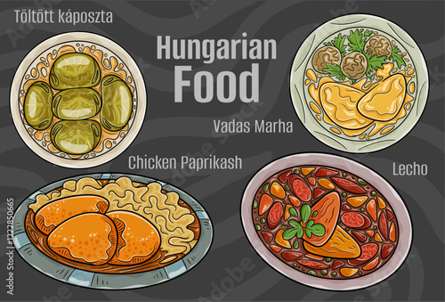 A hand-drawn vector illustration featuring a collection of famous Hungarian dishes.