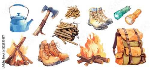 hiking gear set watercolor. backpack lantern boots axe kettle fire brushwood, hike travel nature tourism survival expedition vector illustration