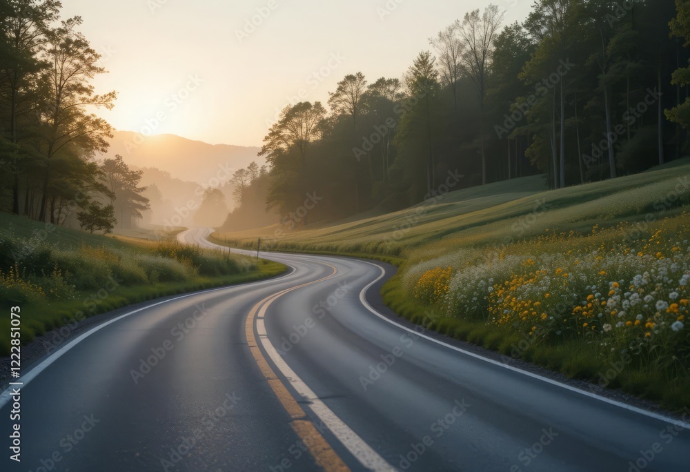 A serene winding road cutting through lush countryside with vibrant wildflowers and trees, illuminated by a golden sunrise. A serene winding road cutting through lush countryside with vibrant wildflowers and trees, illuminated by a golden sunrise.