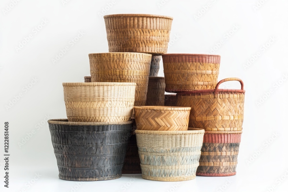 A Collection of Exquisite Woven Baskets in Various Shades of Brown, Beige, Gray, and Black. Handmade, Rustic, and Stylish Storage and Decorative Containers for Home Decor A Collection of Exquisite Woven Baskets in Various Shades of Brown, Beige, Gray, and Black. Handmade, Rustic, and Stylish Storage and Decorative Containers for Home Decor