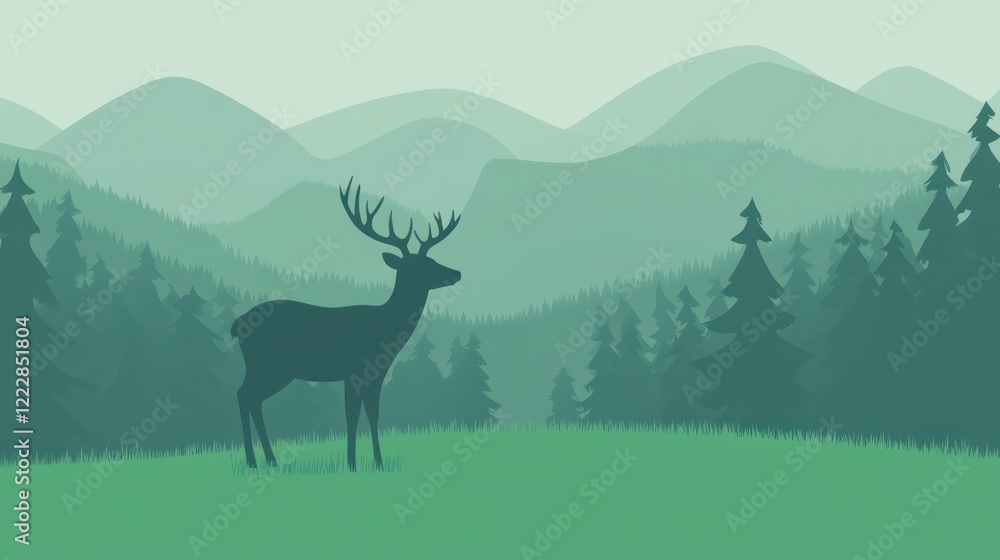 Majestic Deer Stands in Serene Mountain Forest Landscape Majestic Deer Stands in Serene Mountain Forest Landscape